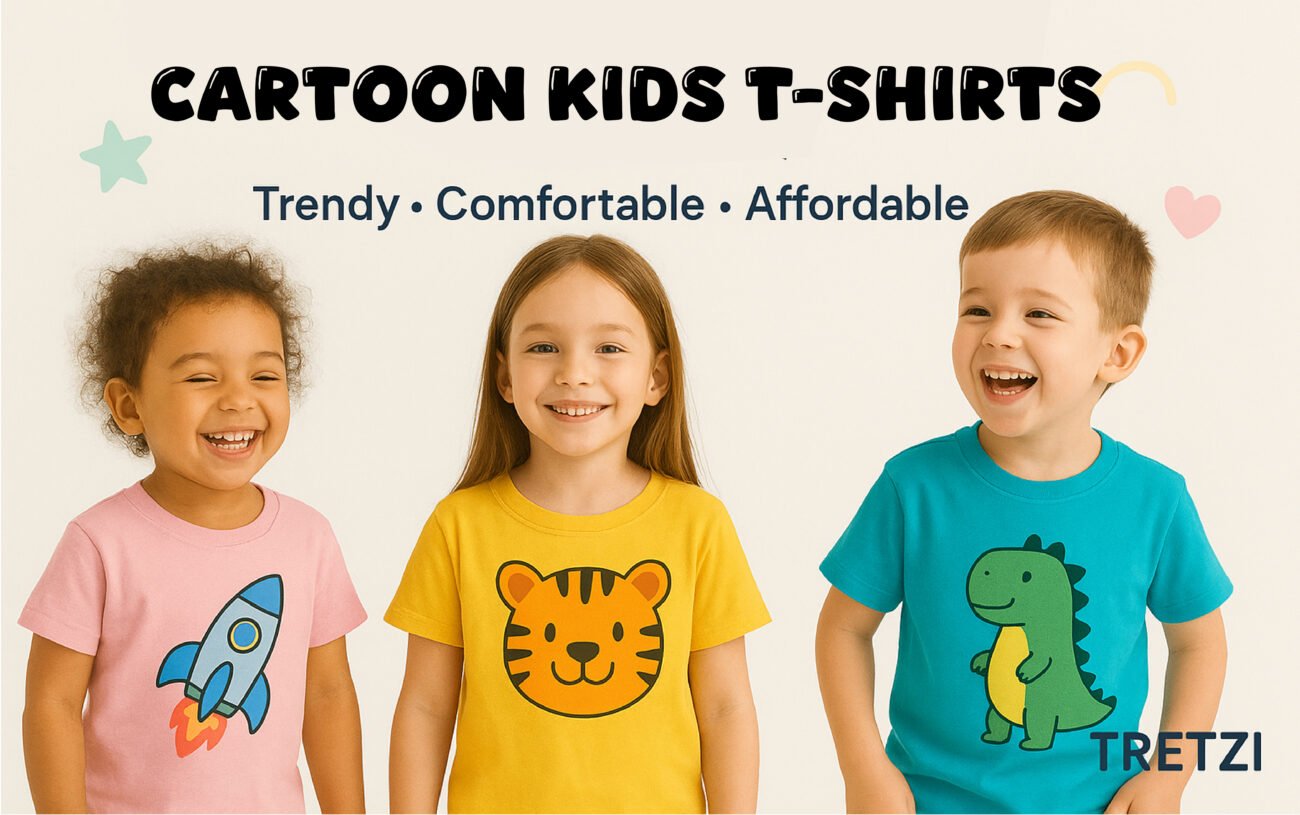 Three smiling Indian kids wearing bright cartoon printed t-shirts from TRETZI, standing against a pastel background with the text “Cartoon Kids T-Shirts.”